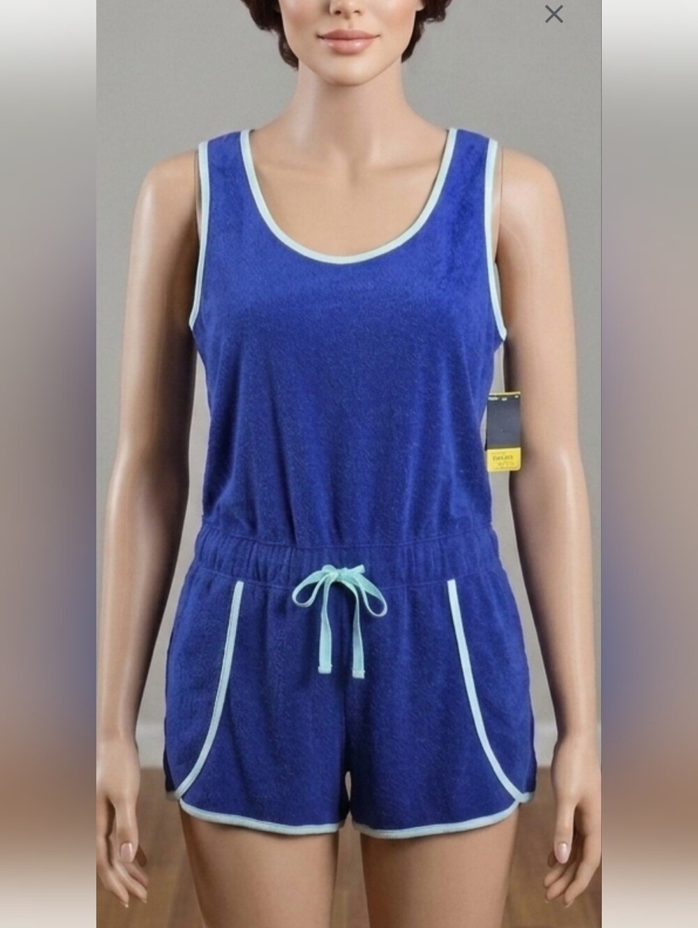 Xersion Royal Blue Terry Knit Tank Romper with Mint Trim